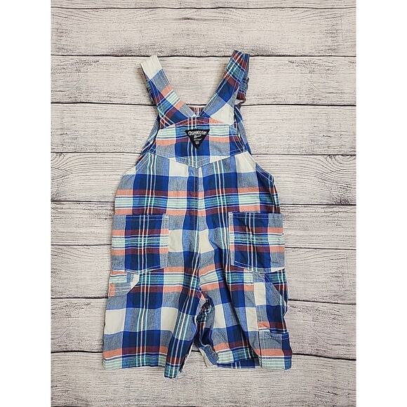 OshKosh Baby B'Gosh Vestbak Shortalls Boys Size 24 Months Blue Orange Plaid - Picture 3 of 5